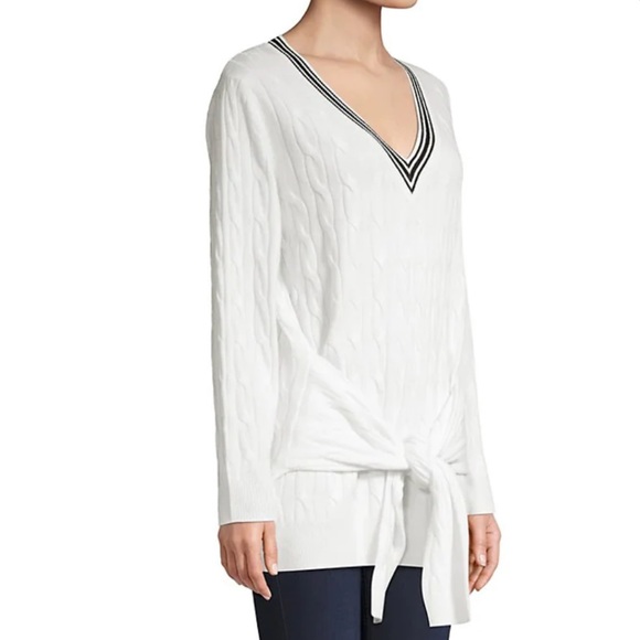 Sandro ECRU Emma Wool Cashmere Tie-Waist Cable-Knit Sweater - Picture 2 of 13